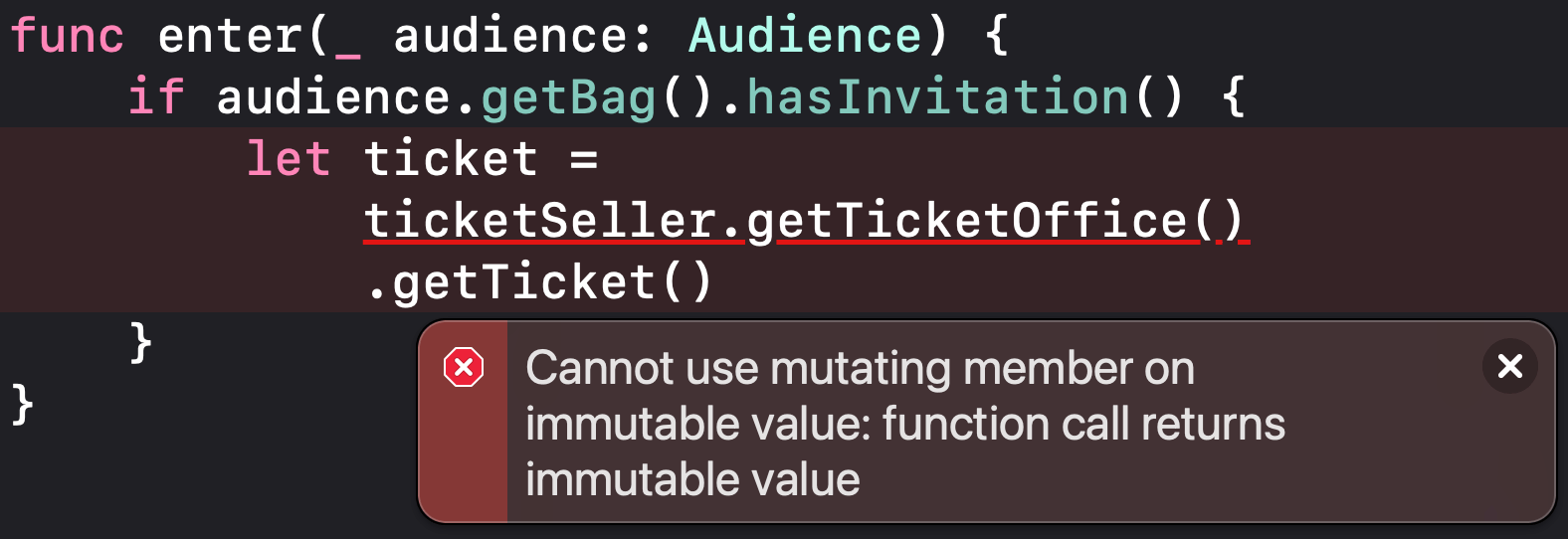 Swift Cannot use mutating member on immutable value 에러가 무엇일까 zerodotone